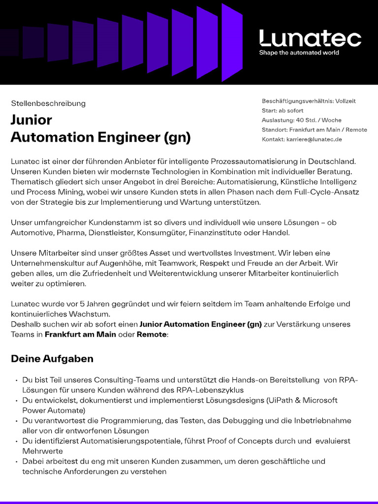 Junior Automation Engineer - Lunatec | PDF