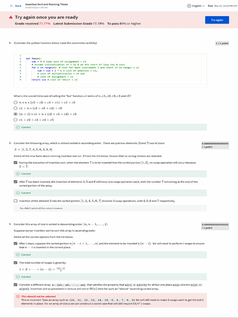 Insertion Sort and Running Times 1 Coursera | PDF