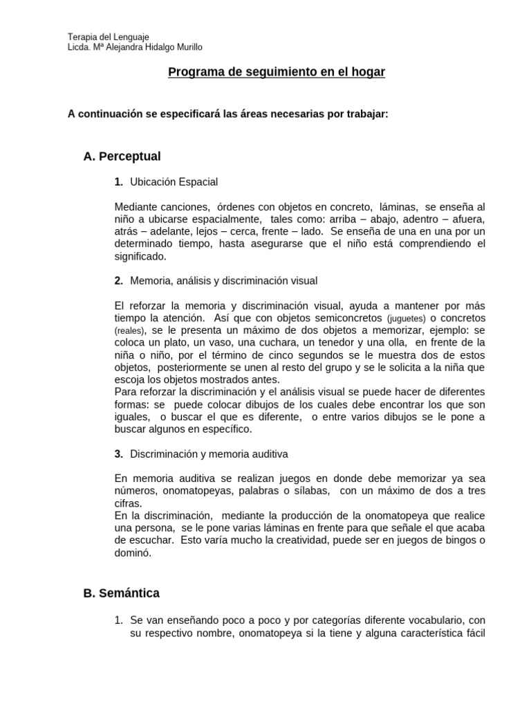 Programa de Terapia del Lenguaje Infantil | PDF | Memoria | Artes del ...