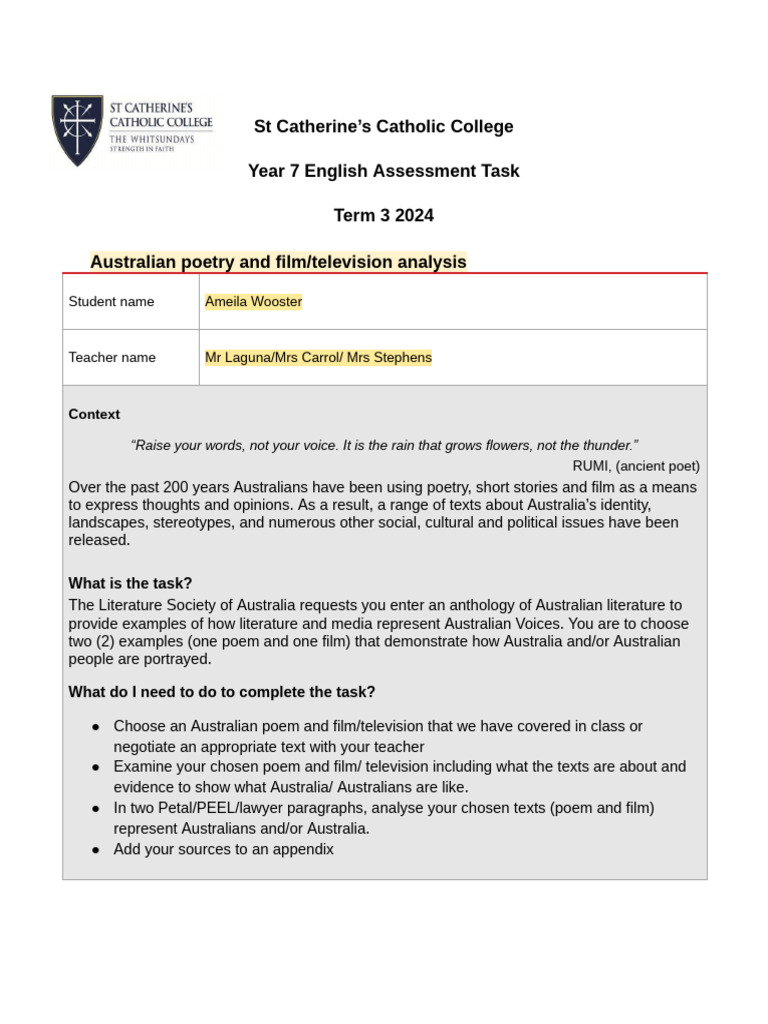 Amelia Wooster - ADJ 2024 T3 7ENG Assessment Tasksheet | PDF