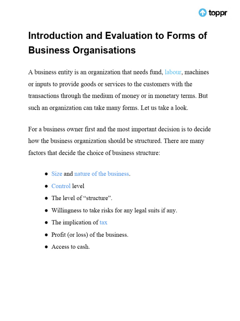 Forms of Business Organisation Class 11 Notes | PDF