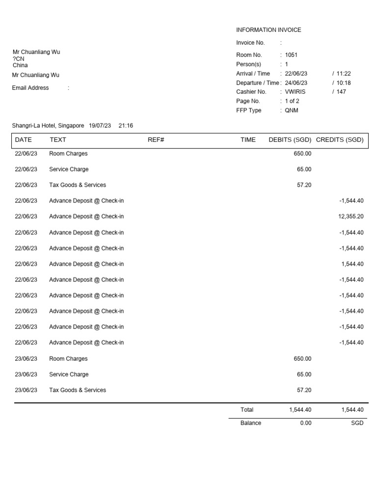 Invoice for Room 1051 at Shangri-La | PDF | Hospitality Industry | Hotel