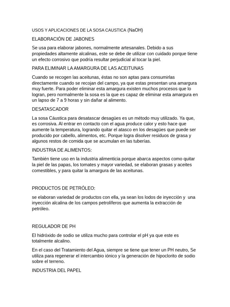 Usos de la Sosa Comestible | PDF | Hidróxido de sodio | Alimentos