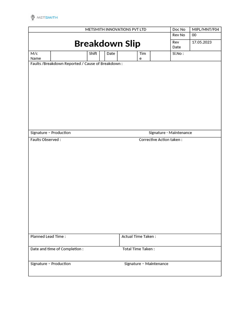 Break Down Slip | PDF