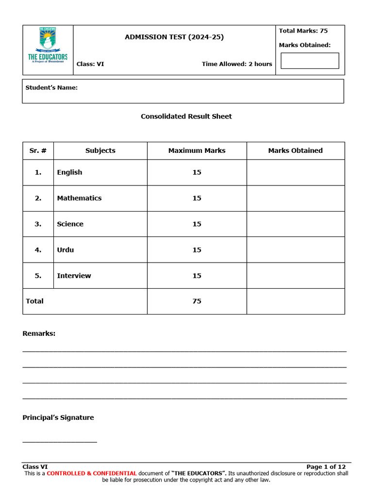 Class VI Admission Test | PDF