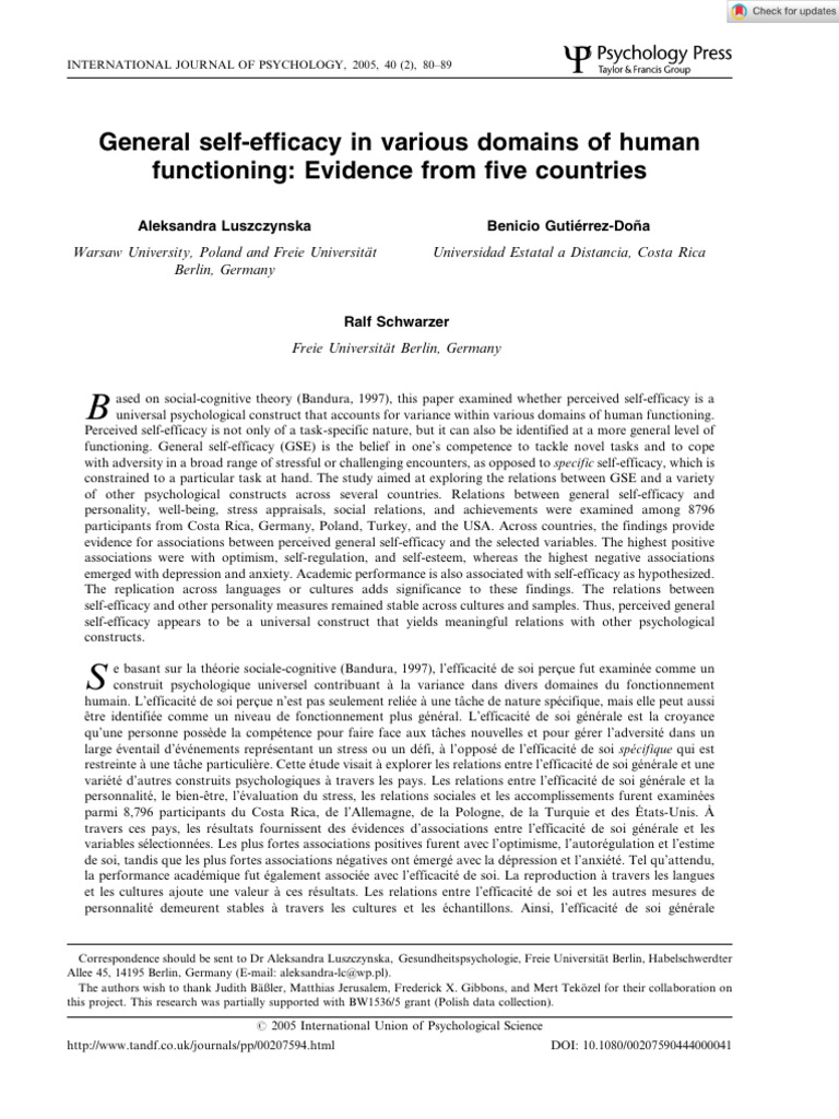 General Self-Efficacy Across Cultures | PDF | Self Efficacy | Self Esteem