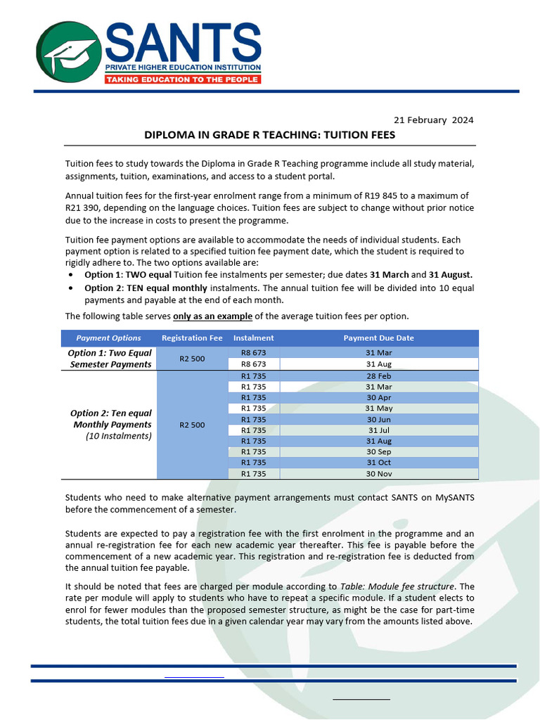 Tuition Fees Diploma in Grade R Teaching | PDF