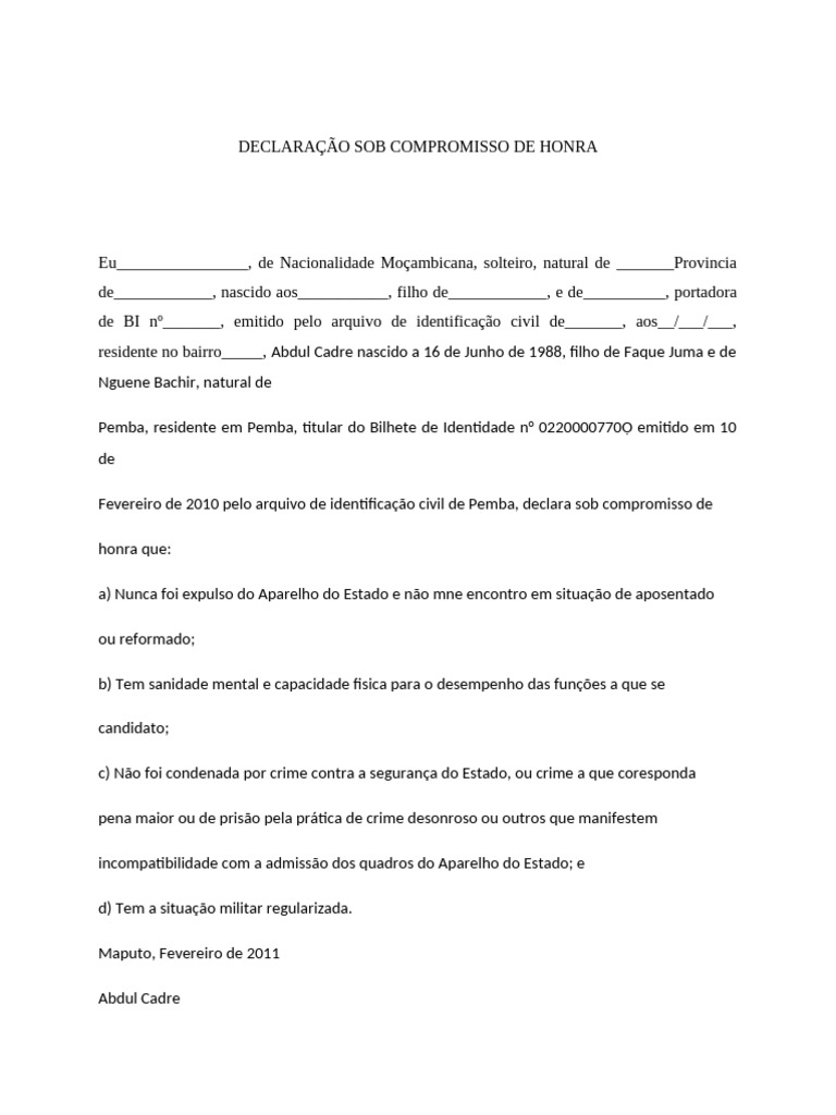 DECLARAÇÃO+COMPRIMISSO+DE+HONRA | PDF