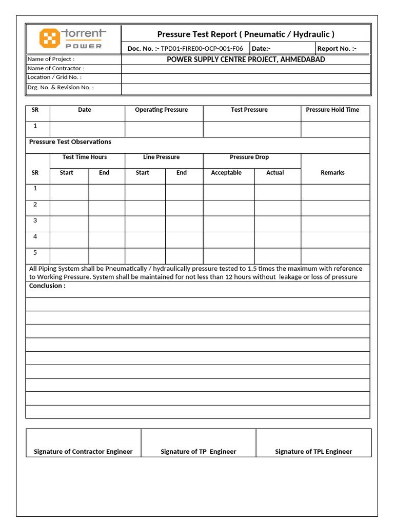 Tpd01 Fire00 Ocp 001 F06 Pressure Test Report Pneumatic Hydraulic Pdf