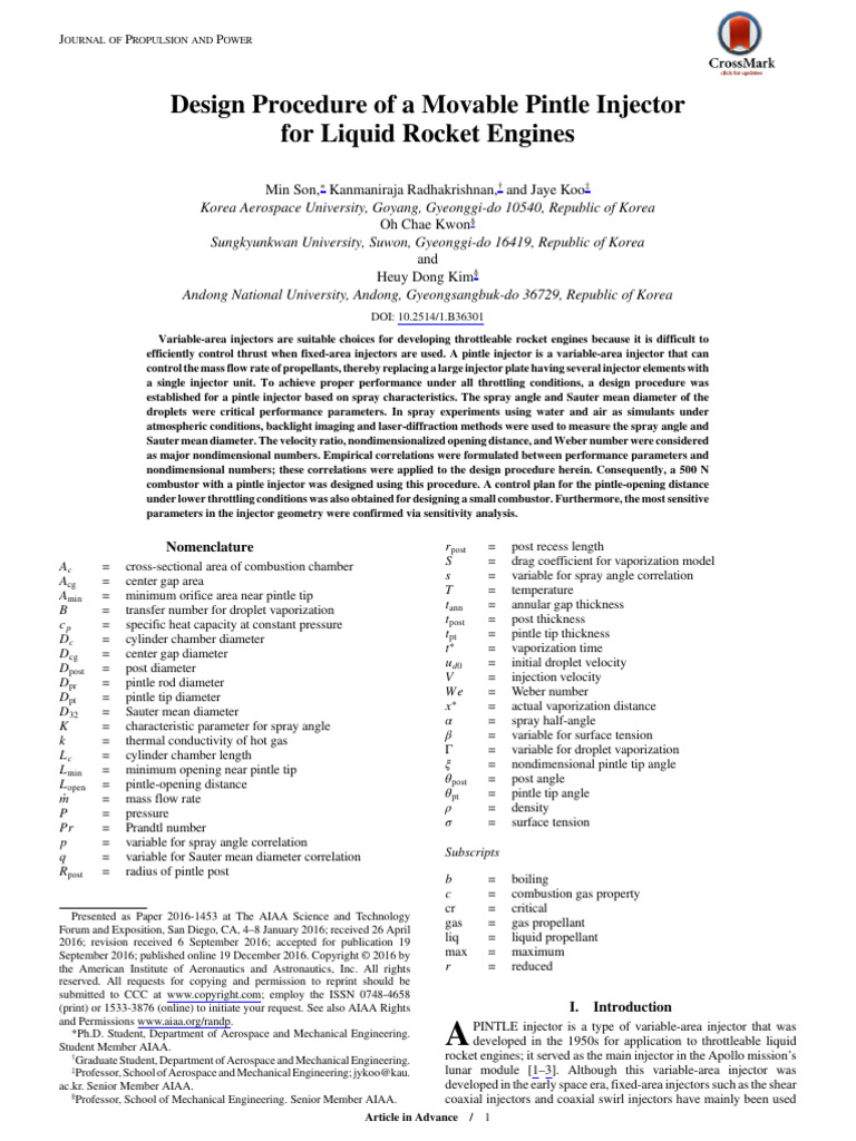 Design Procedure of A Movable Pintle Injector For Liquid Rocket Engines ...
