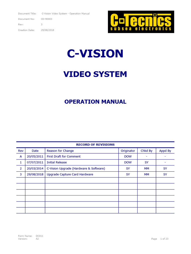 CD-90003 - C-Vision Video System - Ops Manual - Standard - Rev 3 | PDF