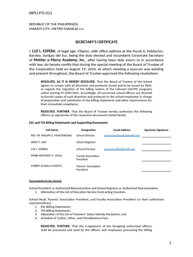 Secretary Certificate For PEAC | PDF