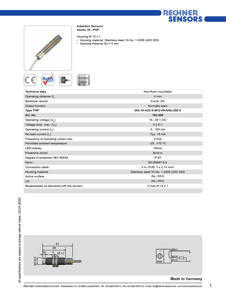 Inductive Sensors Series 10 - PNP: Stainless Steel | PDF