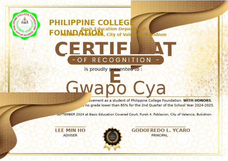 1st Quarter Recognition Certificate Pdf