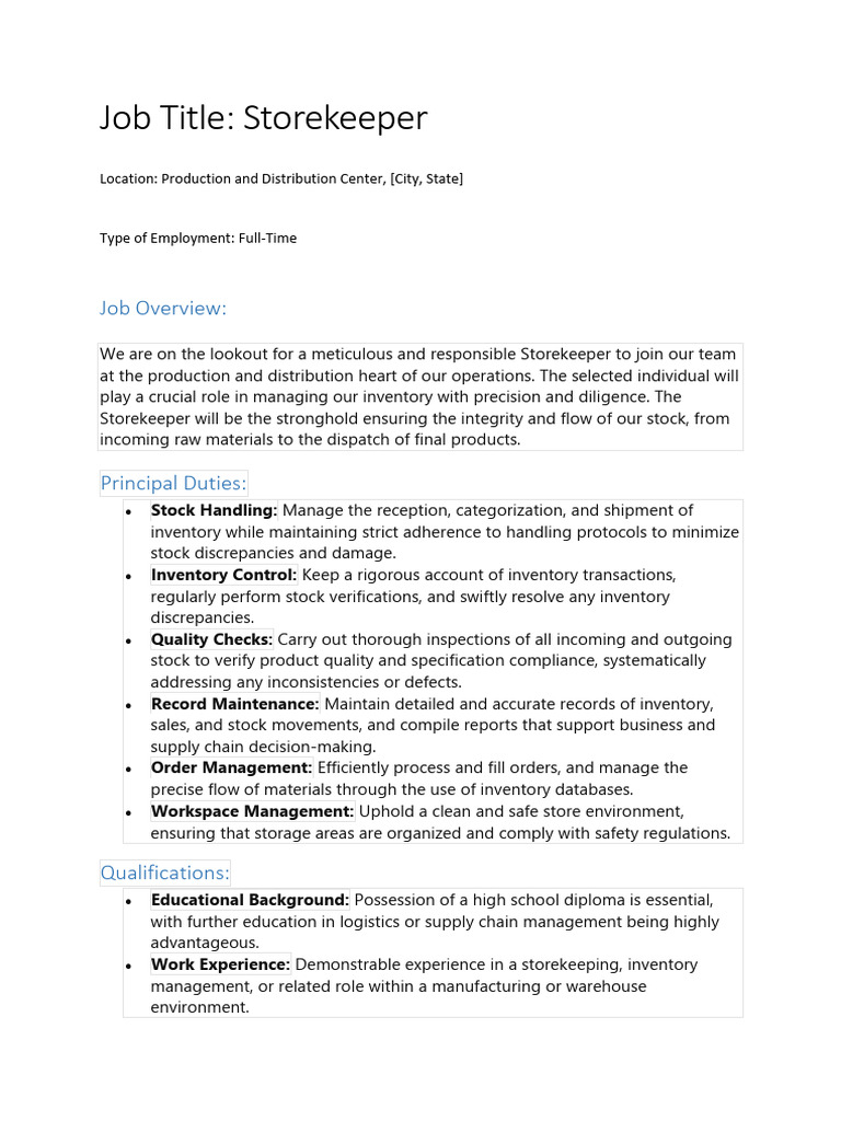 Storekeeper Job Posting PDF | PDF