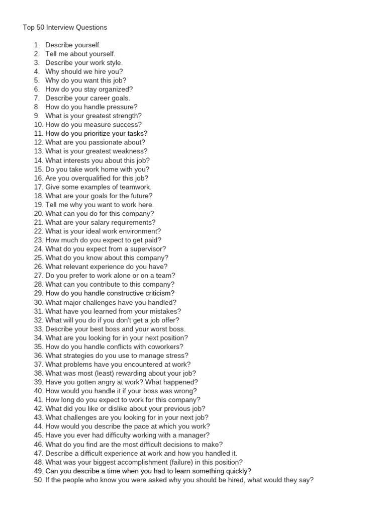 Top 50 Interview Questions | PDF