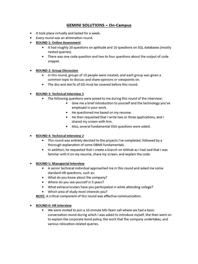 Gemini-Solutions Sample Format Interview Experiences (Top 10) | PDF