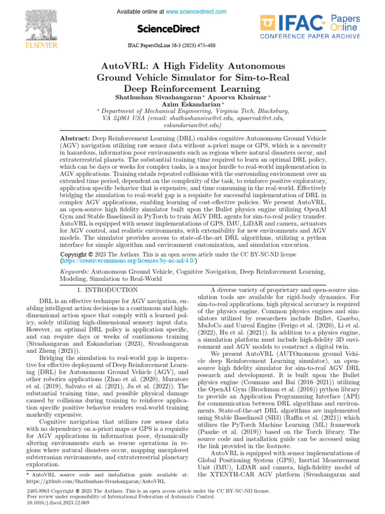 AutoVRL A High Fidelity Autonomous Ground Vehicle Simulator 2023 IFAC ...