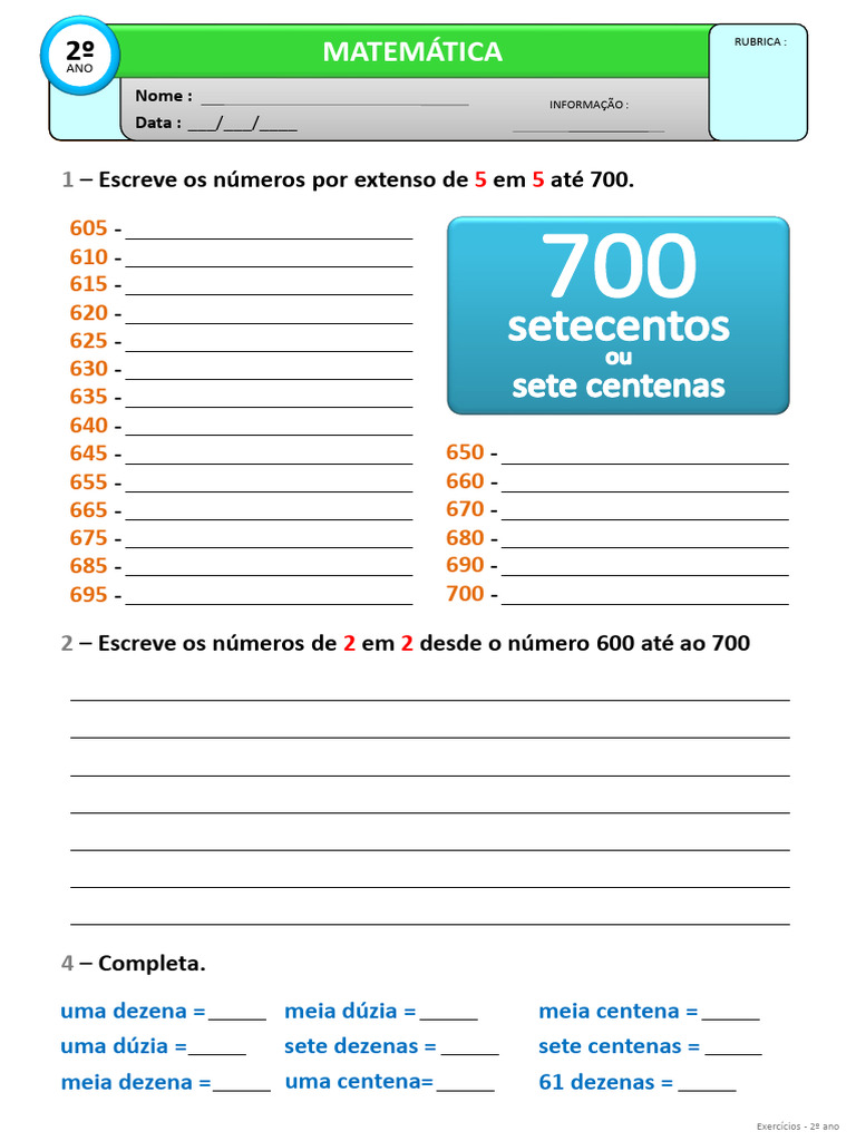 Matemática: Escreve Os Números Por Extenso de em Até 700. | PDF
