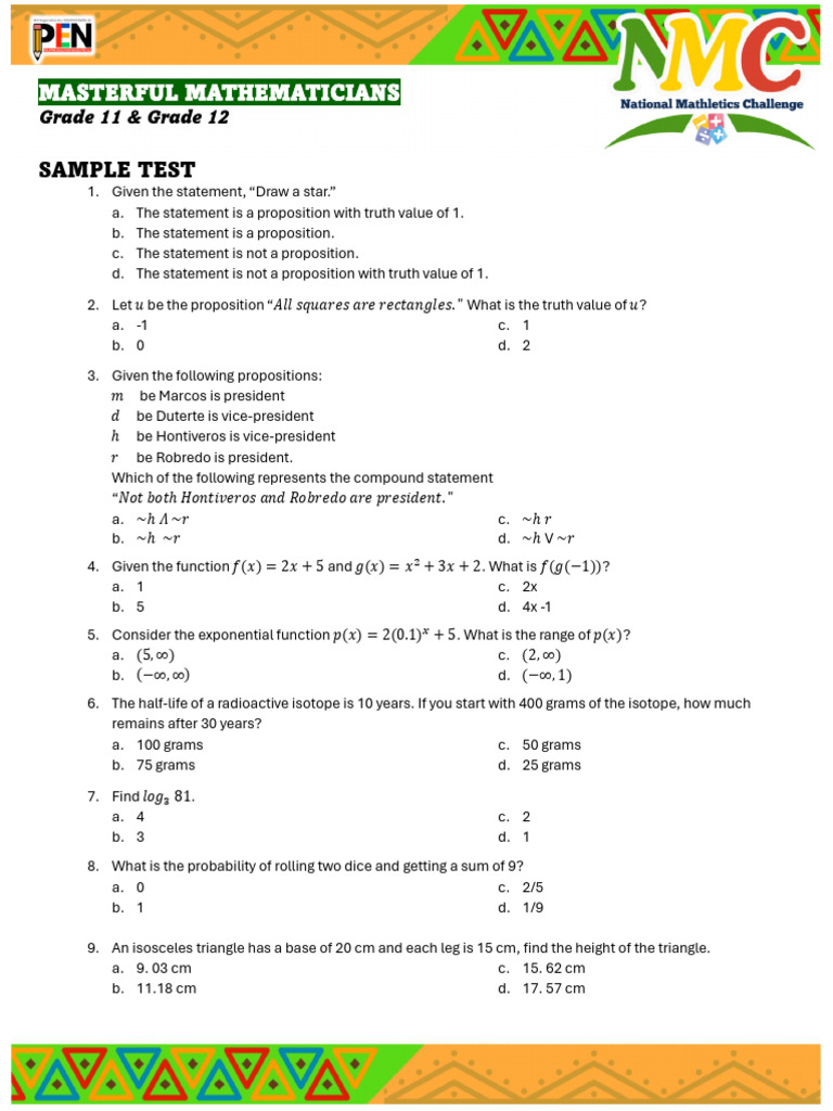 Grade 11-12 Math Sample Test | PDF | Elementary Geometry | Mathematics