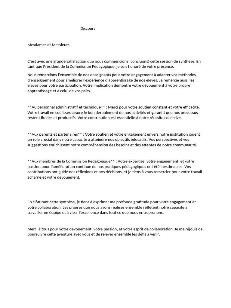 Discours en Tant Que Président de La Commission Pédagogique Lors D | PDF