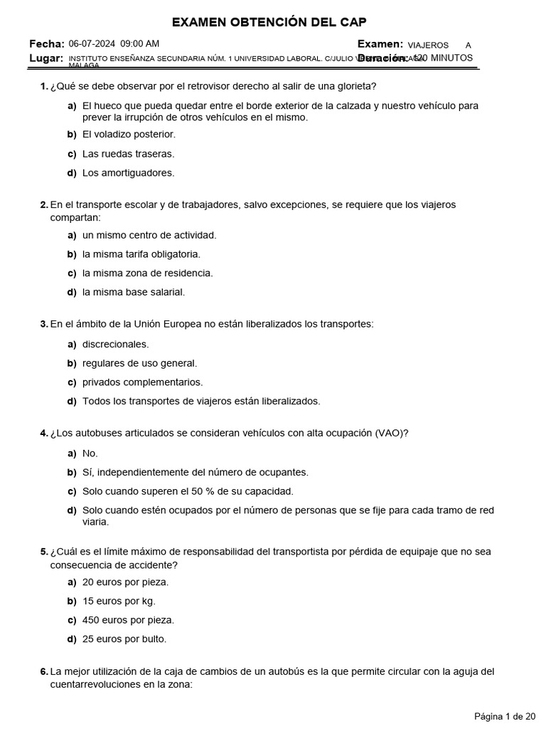 Examen CAP Viajeros Málaga 2024 | PDF | Neumático | Autobús