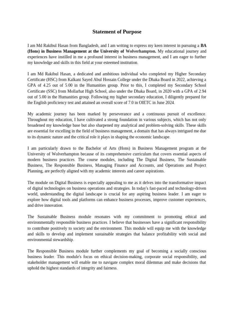 Statement of Purpose, MD Rakibul Hasan, BA (Hons) in Business ...