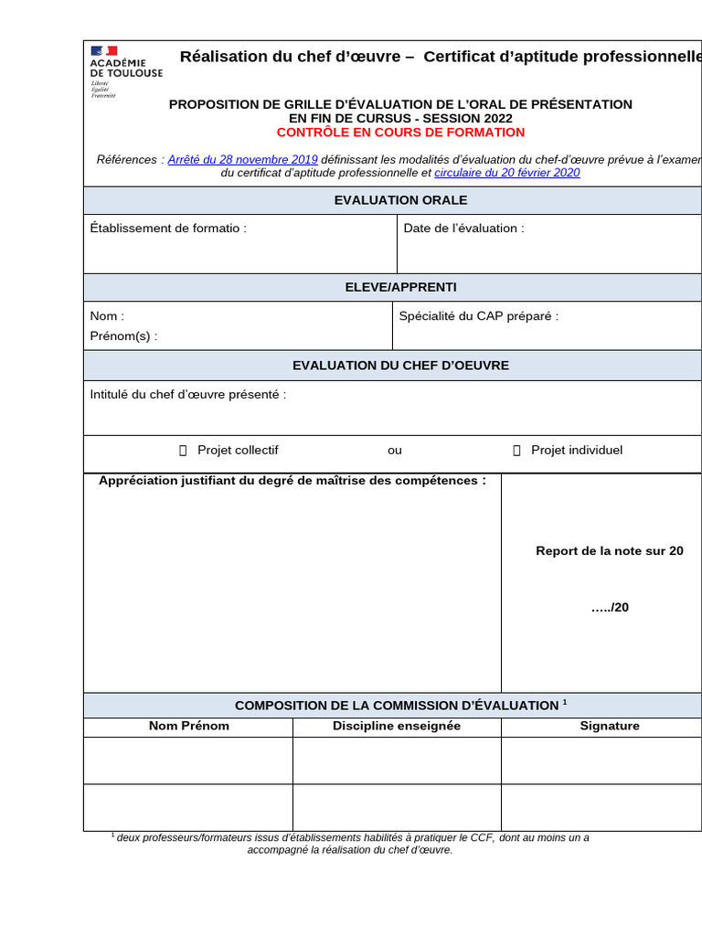 Cap chef d oeuvre grille valuation oral ccf portrait pdf