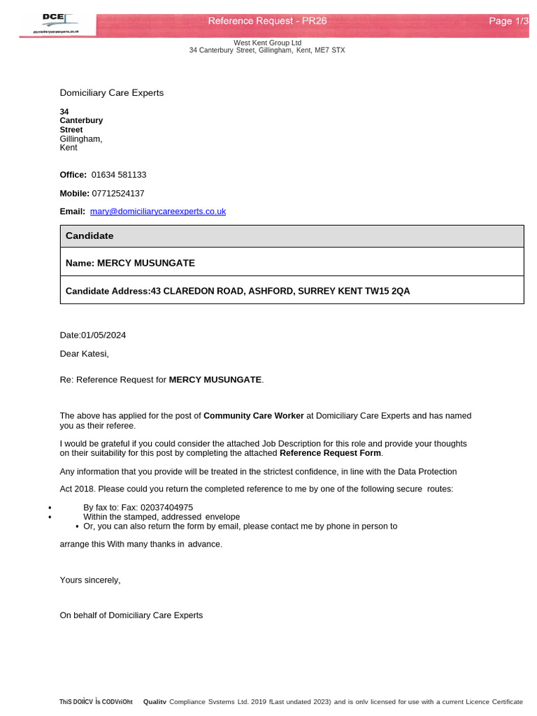 DCE - Staff - Work Reference Letter 2024 - Mercy Musungate 2 | PDF