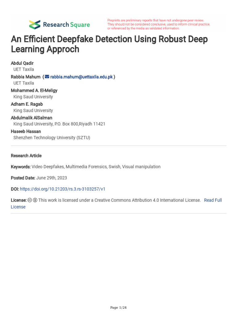Efficient Deepfake Detection with DL | PDF | Artificial Neural Network ...