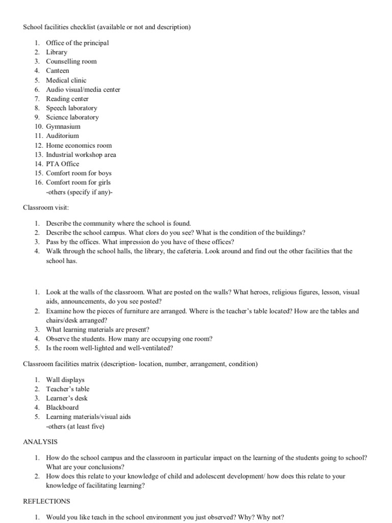 School Facilities Checklist Pdf
