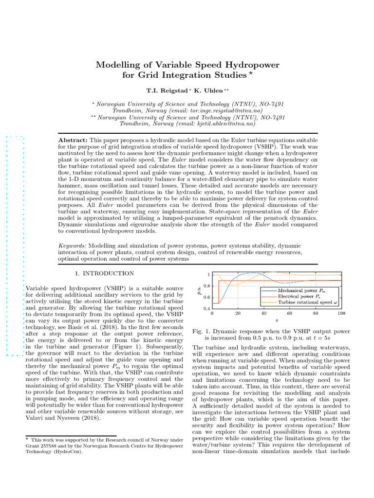 Modelling of Variable Speed Hydropower For Grid Integration Studies | PDF