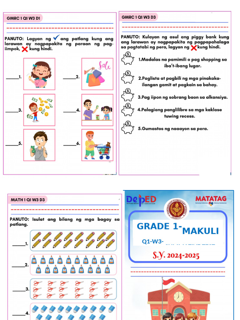 MATATAG Grade 1 Q1 Week 3 Worksheets Booklet - Teacher Mhejz Bacani | PDF