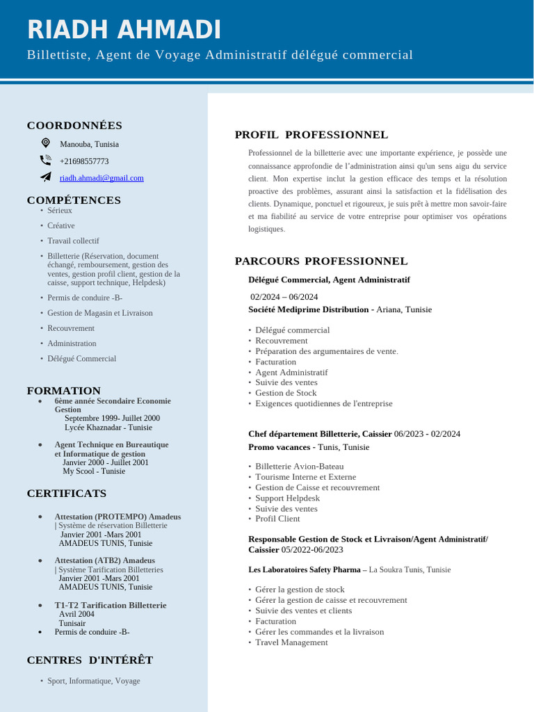 Riadh Ahmadi CV Billetterie | PDF