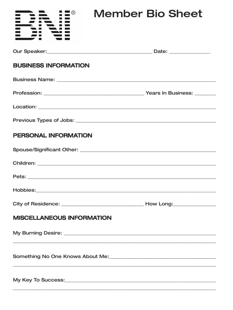 BNI Enterprise Member Bio Form | PDF