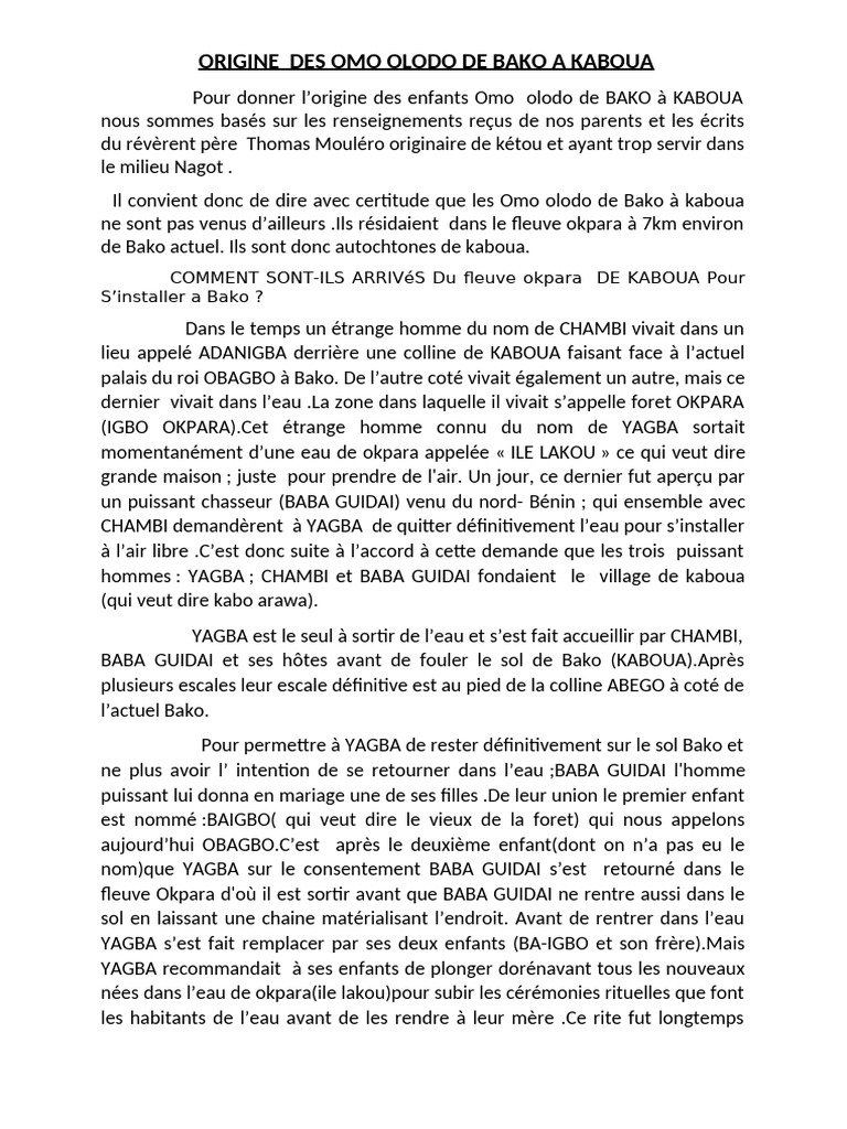 Origine Des Omo Olodo de Bako A Kaboua | PDF