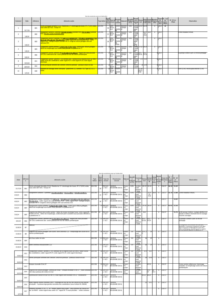Suivi Qualite Des Betons Mis en Oeuvre Envoye A Moncef Egr Le 26 9 24 | PDF