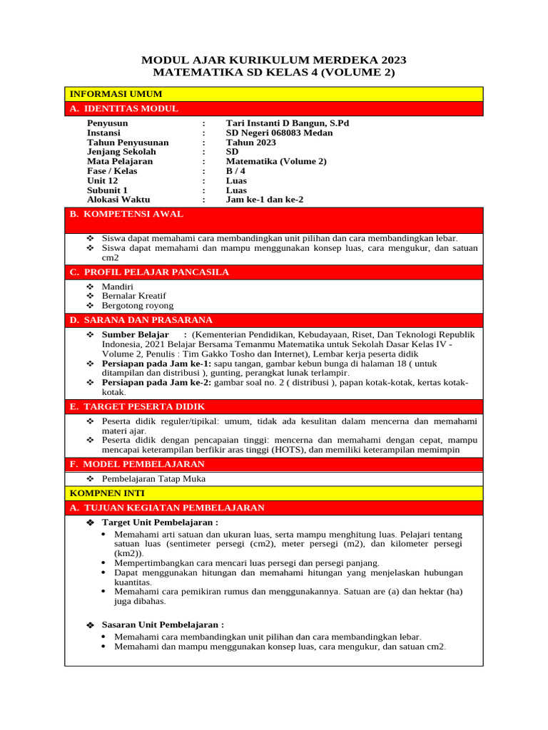 Modul Ajar MTK Unit 12 Kelas 4 Ok | PDF