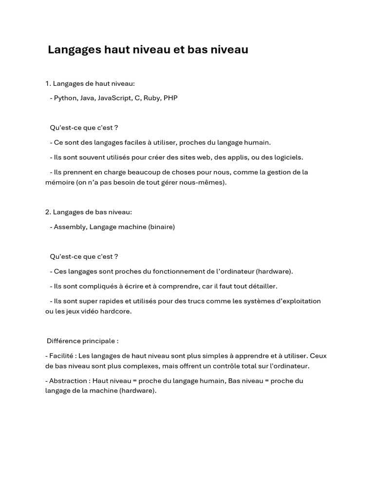 Langages de programmation : haut vs bas niveau | PDF