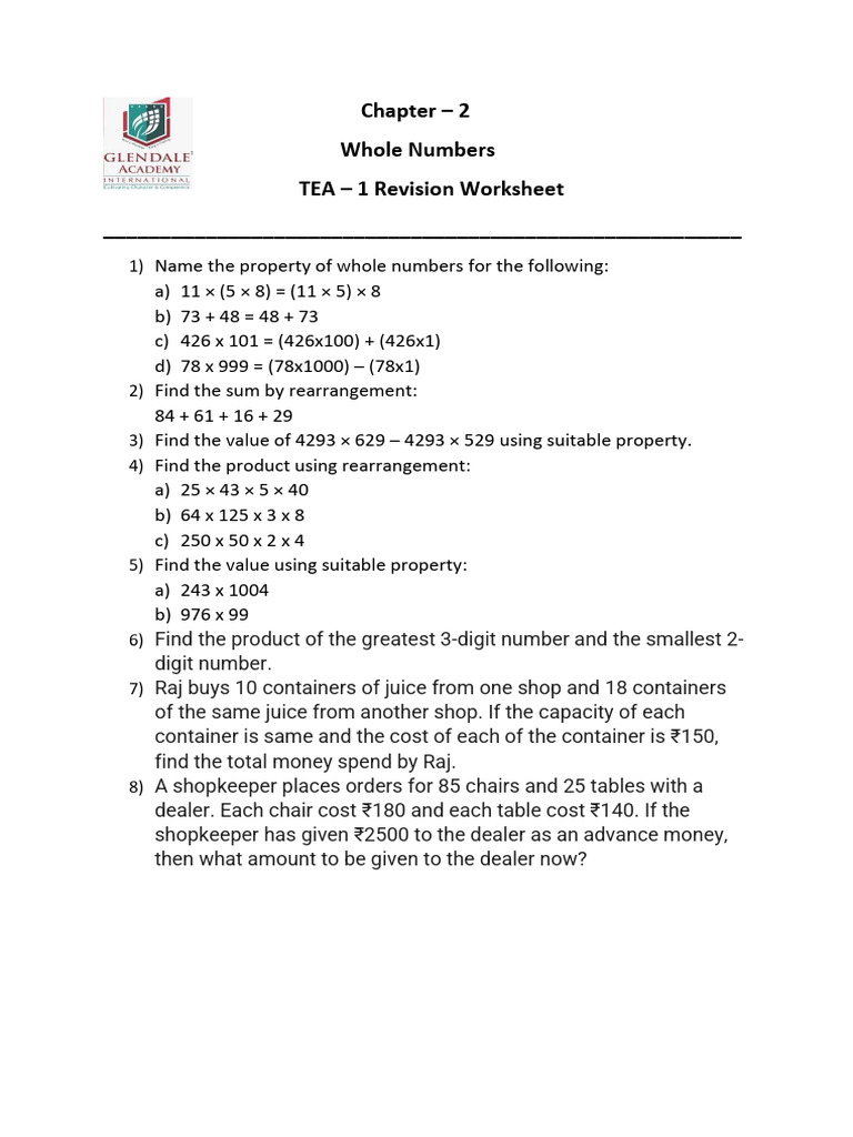 CH 2 - Whole Numbers Numbers Worksheet | PDF