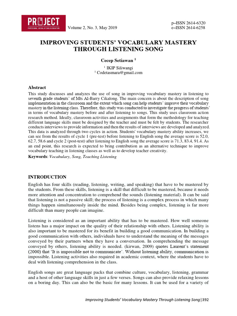 Improving Students' Vocabulary Mastery: Through Listening Song | PDF
