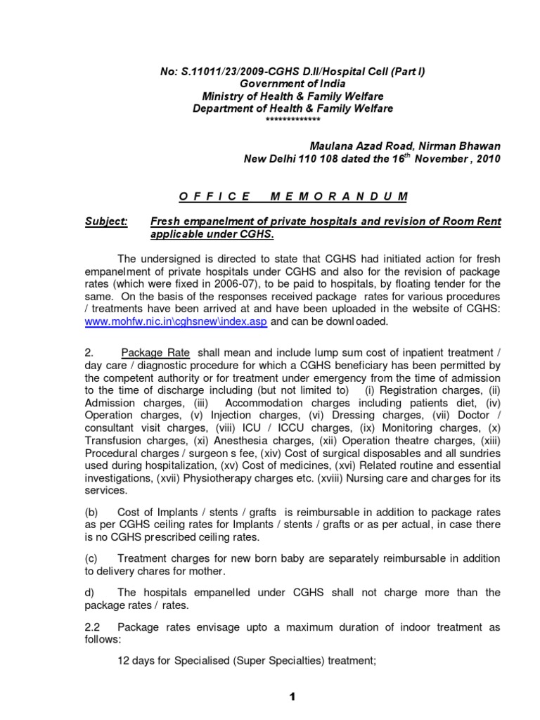 Room Rent Cghs 27122010 Patient Hospital