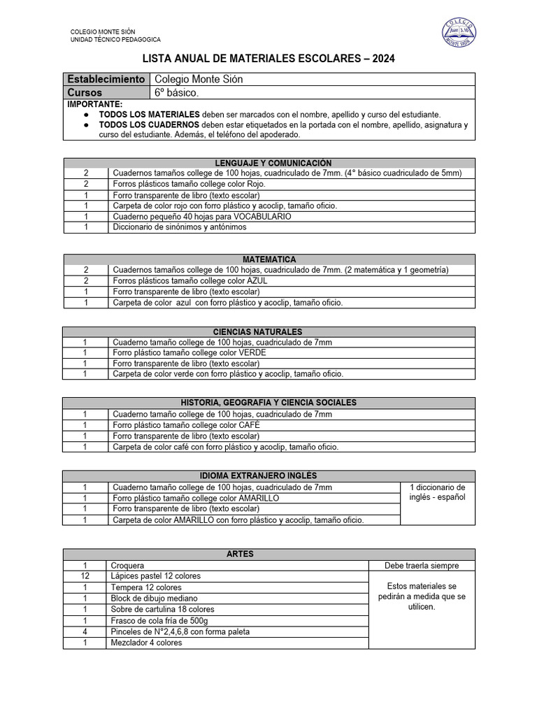 Lista Anual de Materiales 2024 - 6° Básico | PDF