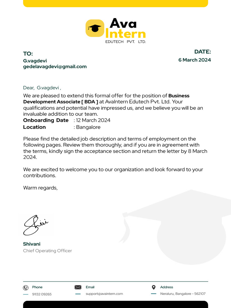 AvaIntern Job Offer for BDA Position | PDF | Employment | Finance ...