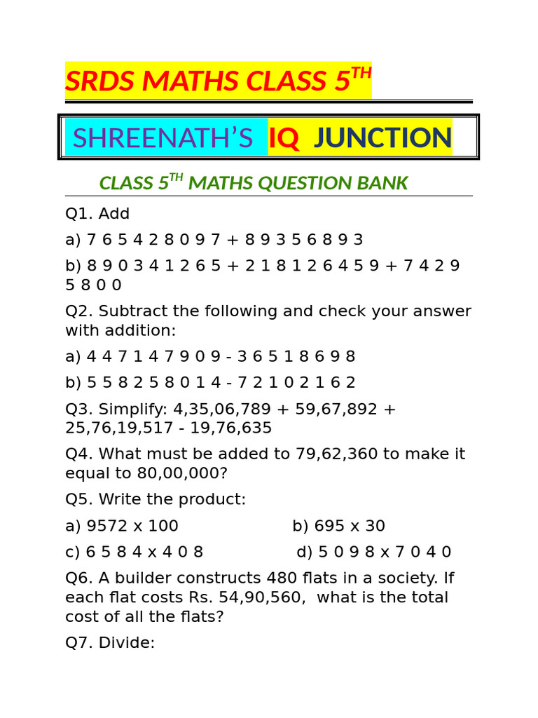 Large Numbers and Operations Class 5 | PDF