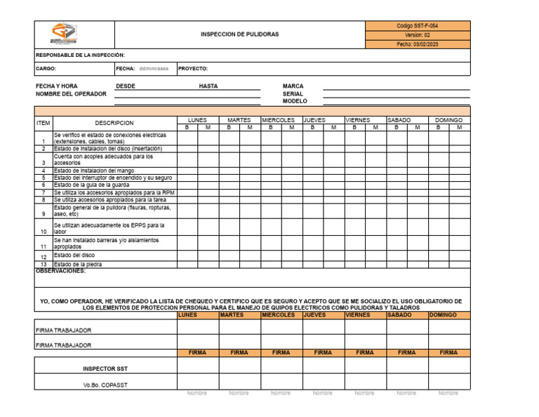 SST-F-050 INSPECCION PULIDORAS - XLSX - Hoja2 | PDF | Tecnología