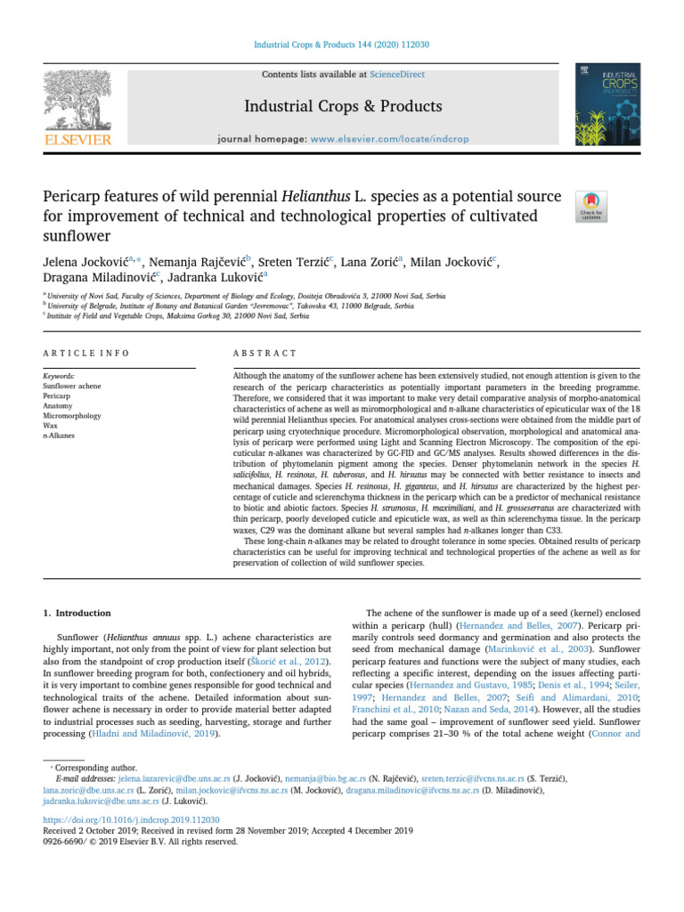 Pericarp Features of Wild Perennial Helianthus L. Species As A ...