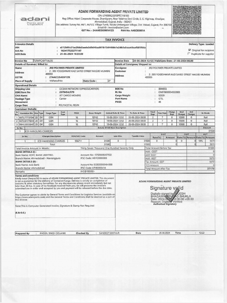 Adani Forwarding Agent Private Limited CFS Tax Invoice | PDF