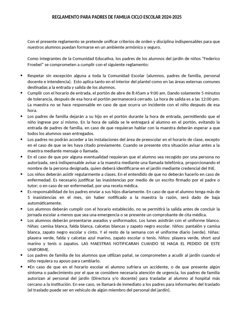 REGLAMENTO PARA PADRES DE FAMILIA CICLO ESCOLAR 2024 | PDF
