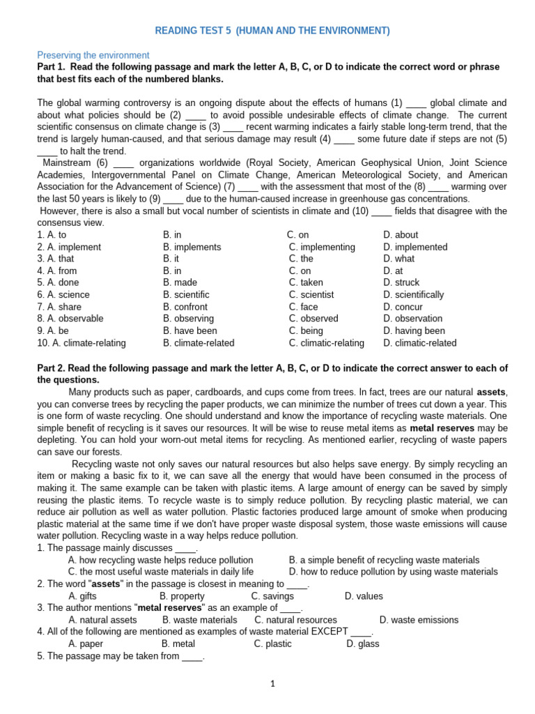 Reading Test 5 Human and Environment | PDF